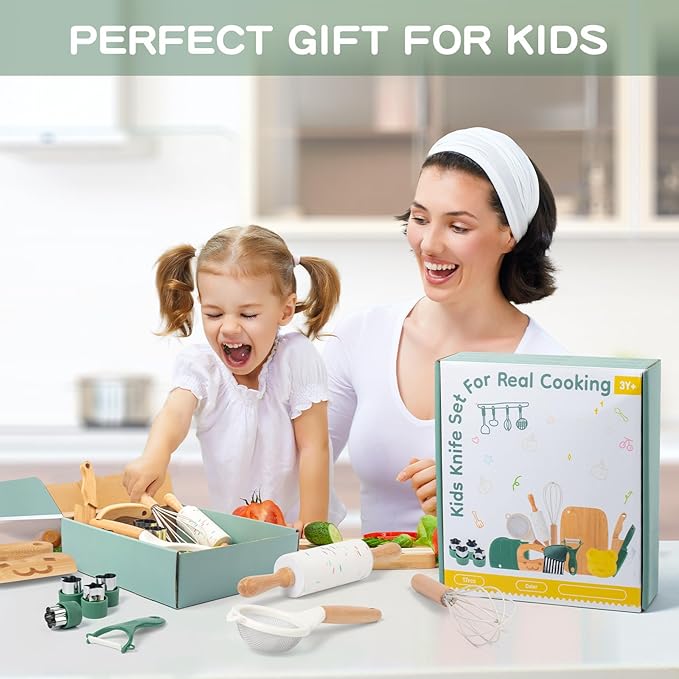 17 PCS Kids Knife Set for Real Cooking, Montessori Kitchen Tools for Toddlers, Cooking and Baking Set for Kids Little Chefs, Crinkle Cutter, Cutting Board, Safe Knife