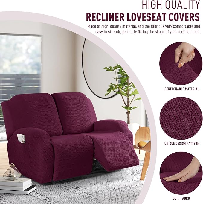 KinCam Recliner Covers, Stretch Reclining Chair Covers, Recliner Sofa Slipcovers Stripe Jacquard Recliner Couch Covers Furniture Protector Covers for Pet Kid (2 Seater, Wine)