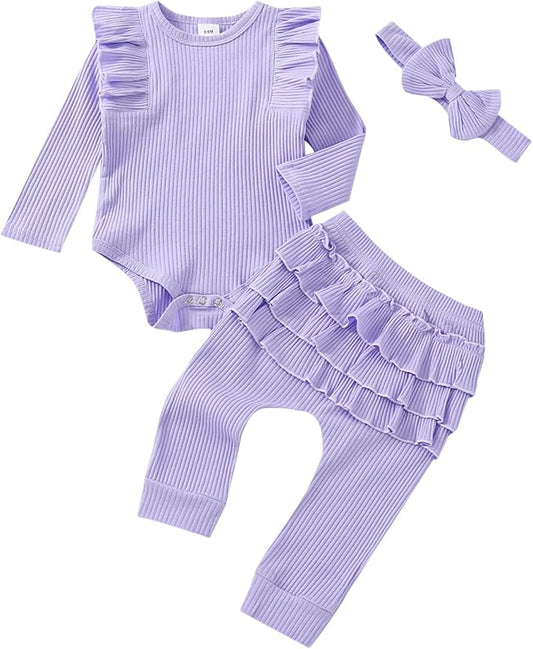 Baby Girl Clothes Newborn Infant Fall Winter Outifts Ribbed Ruffle Long Sleeve Romper Pant Outfit Set 3pcs 0-18Months