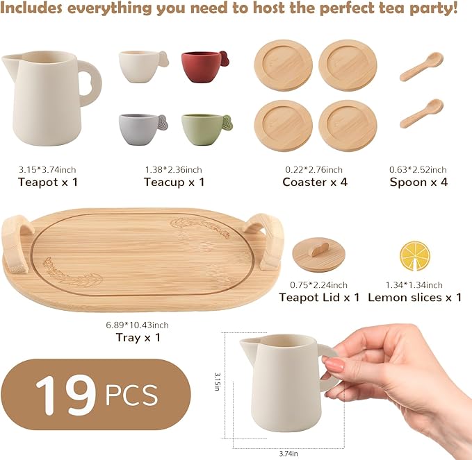 Silicone Tea Set Kids, Toddler Tea Sets for Little Girls 3-5, Pretend Party Play Toys Kitchen Accessories for Boys with Soft Teapot Cups Wooden Saucers