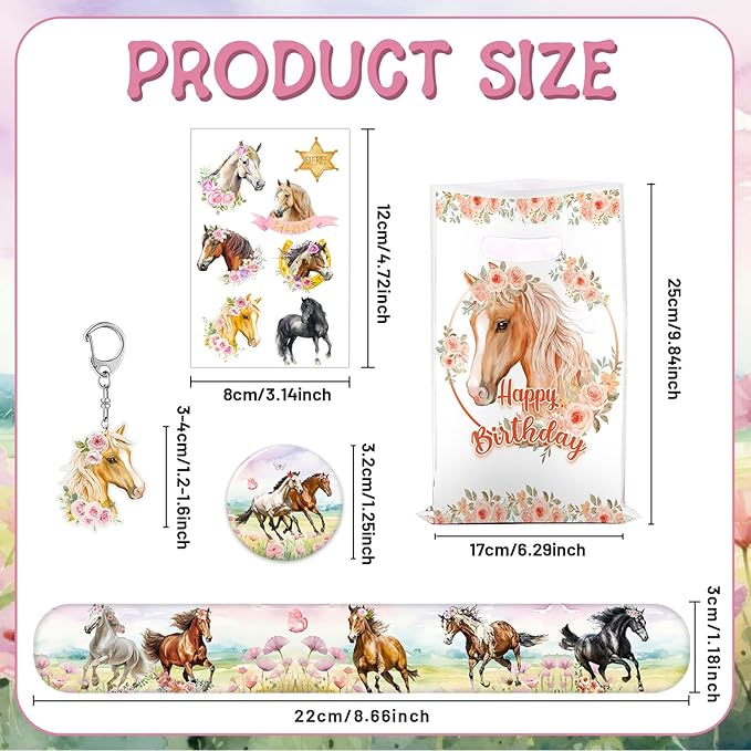 60 PCS Horse Cowgirl Party Favors, Horse Themed Temporary Tattoos, Slap Bracelets, Keychains, Badges, Gift Bags for Cowgirl Birthday Party Decorations and Classroom Rewards
