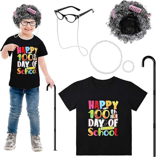 6 Pcs Kids 100 Days of School Costume for Girls Old Lady Granny Grandma Costume with Wig Happy 100 Days T-Shirt