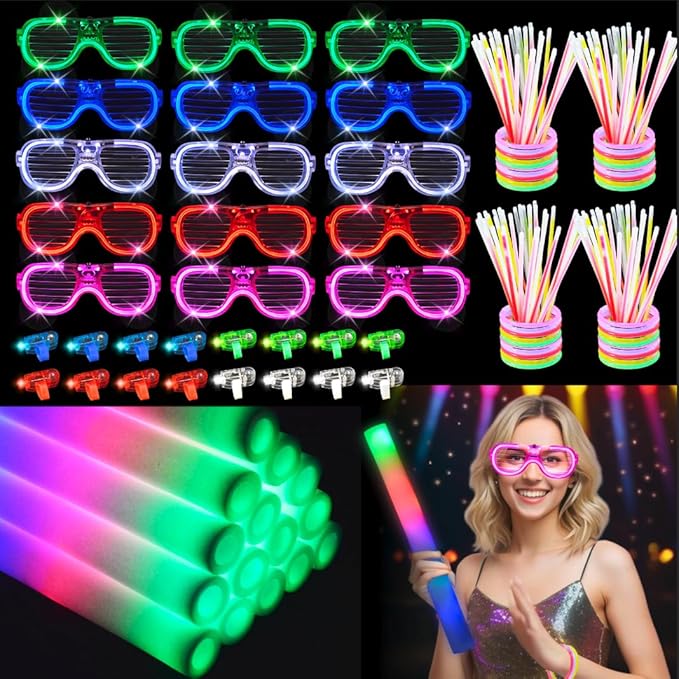 148 PCS Glow in the Dark Party Supplies 12 PCS Foam Glow Sticks 12 PCS LED Glasses 24 PCS Finger Lights 100 PCS Glow Sticks Bracelets Neon Glow Party Favors Christmas Wedding Birthday Concert New Year