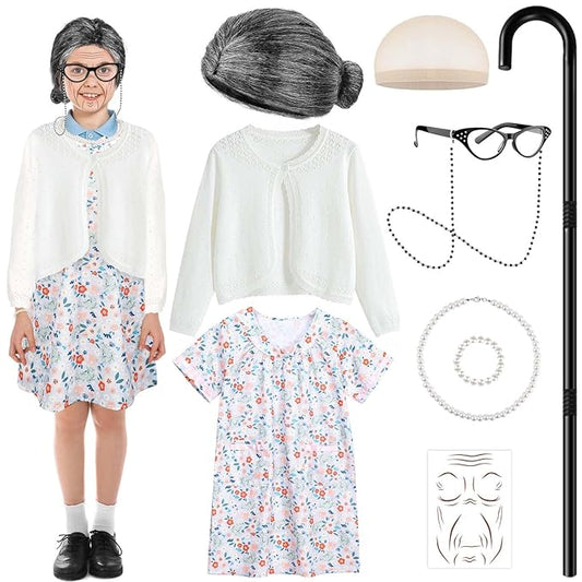 Kids 100 Days of School Costume for Girls Cosplay Outfit Including Grey Wig Cardigan Sweater Floral Dress Cat Eye Glasses
