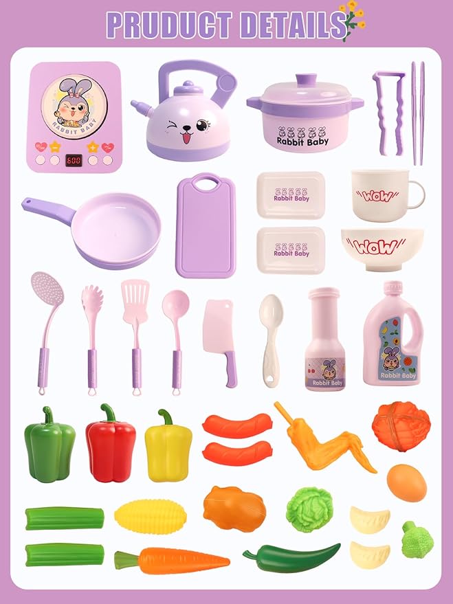 Kids Play Kitchen Accessories, Pretend Play Toys for Kitchen, Play Pots and Pans Sets for Kids Kitchen, Toddler Cooking Set for Boys and Grils Aged 3 4 5 6(Purple)