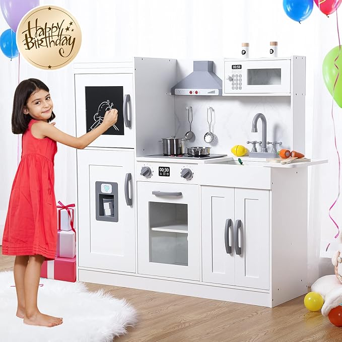 Kids Kitchen Playset, Wooden Chef Pretend Play Set with 20 PCS Cookware Accessories, Wooden Cookware Pretend with Ice Maker, Microwave, Oven, Range Hood, Sink, Real Lights & Sounds，White