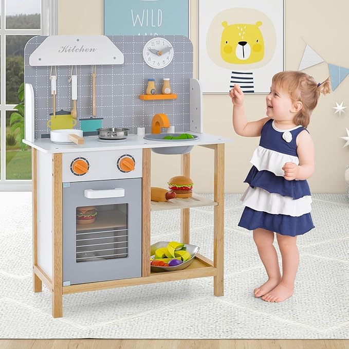 Kids Kitchen Playset, Wooden Play Kitchen with Sink, Stove, Oven, Dish Rack, Storage Cabinet, Cooking Accessories, Little Chef Pretend Play Toy Kitchen Set Gift for Toddler, Boys, Girls