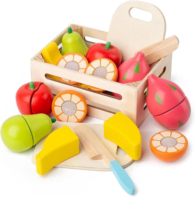 Wooden Play Food Sets for Kids Kitchen, Pretend Play for Toddlers, Montessori Wooden Food Toys, Velcro Cutting Fruit Toys, Play Food for Kids Ages 4-8, Boys Girls Birthday Gifts