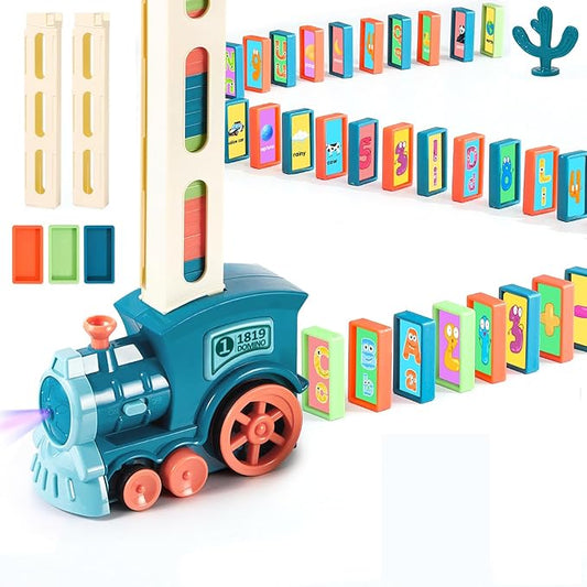 200 PCS Domino Train Toy Set with Stickers, Dominos Train for Kids Boys Girls, Electric Dominoes Machine Train Toy Set, Birthday Easter Gifts for Kids Ages 4-6-8 Games Family Games Dominoes