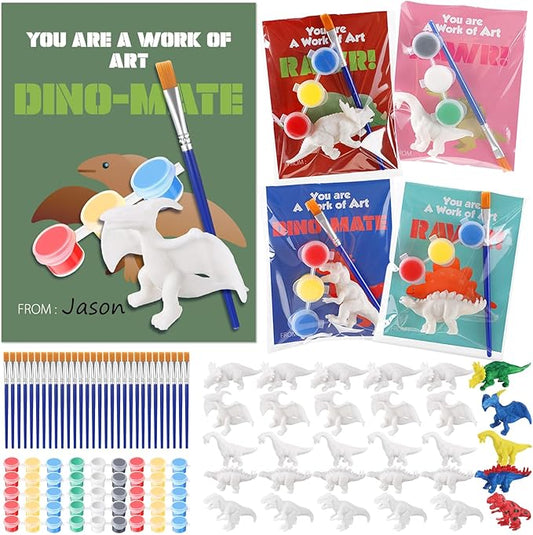 30 Sets Dinosaur Painting Kit with Valentine's Day Cards Dinosaur Figurines Arts and Crafts Exchange Gift Birthday Valentine's Day Party Favor Supplies
