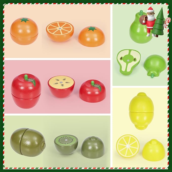Wooden Play Food Sets for Kids Kitchen Accessories, Realistic Wood Cutting Fruits Toys for 3- Year Old Toddlers, Mini Pretend Play Fake Fruit Birthday Gifts for 3 -6 Years Girls Boys
