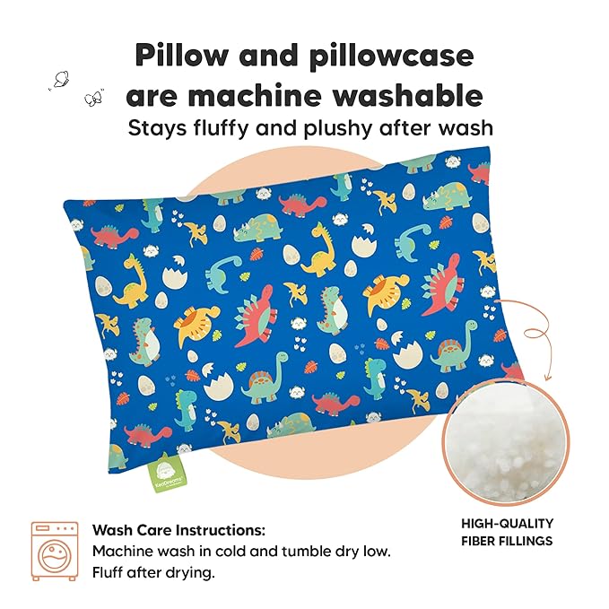 Toddler Pillow with Pillowcase - 13x18 My Little Dreamy Pillow, Organic Cotton Toddler Pillows for Sleeping, Kids Pillow, Travel Pillows, Mini Pillow, Nursery Pillow, Toddler Bed Pillow (DinoWorld)