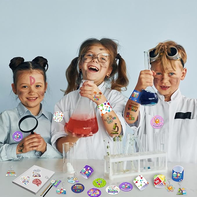 98PCS Science Party Favors Scientist Party Supplies with Science Slap Bracelets Science Stickers Science Badge Scientist Keychains Science Temporary Tattoos for Science Lab Party