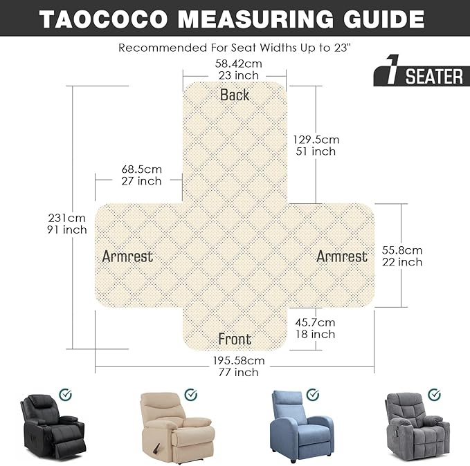 TAOCOCO Non-Slip Recliner Chair Cover Sofa Slipcover, Pet Cover for Small Recliner Chair with Elastic Straps, Washable Reclining Chair Cover Recliner Furniture Protector (23'' Small, Mint)