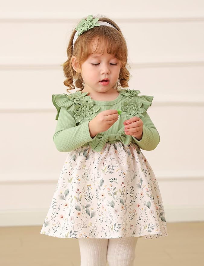 Baby Girl Dress Fall Flower Ruffle with Lace Headband Toddler Girls 3M-3T Infant Dresses Winter Baby Girl Clothes