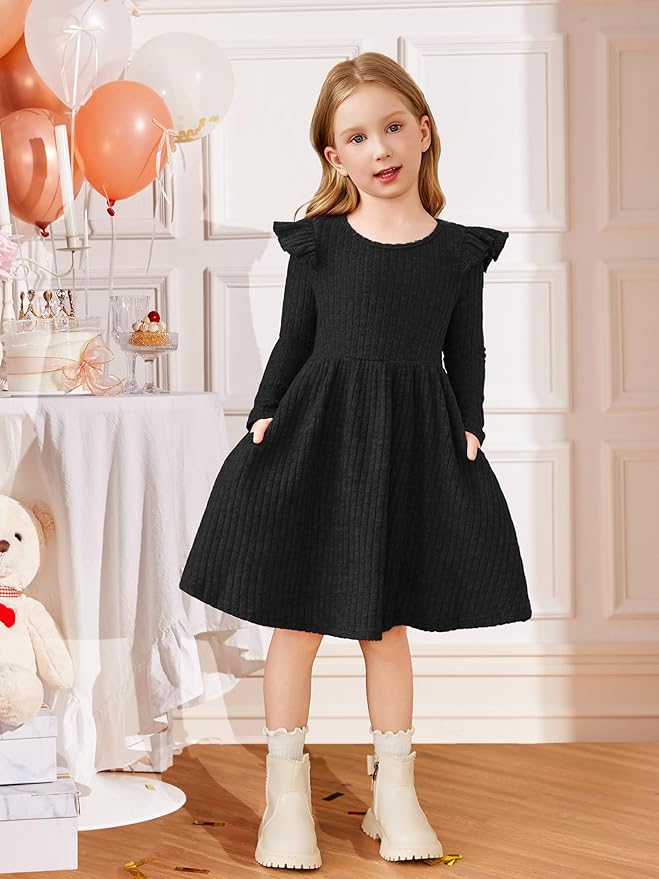 Arshiner Toddler Girl Dress Baby Girls Knitted Ruffle Sleeve Pocket Dresses A-Line Flared Fall Winter Clothes for 2-8 Years