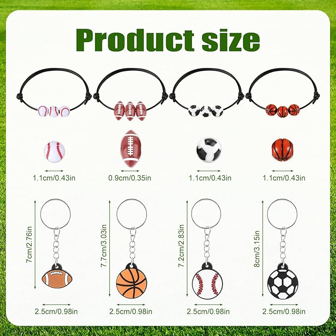 40pcs Sports Party Favors, 20pcs Sports Keychains & 20pcs Sports Bracelets with Football Basketball Rugby Baseball Sport Theme Thank You for Coming Gifts for Sports Party Supplies