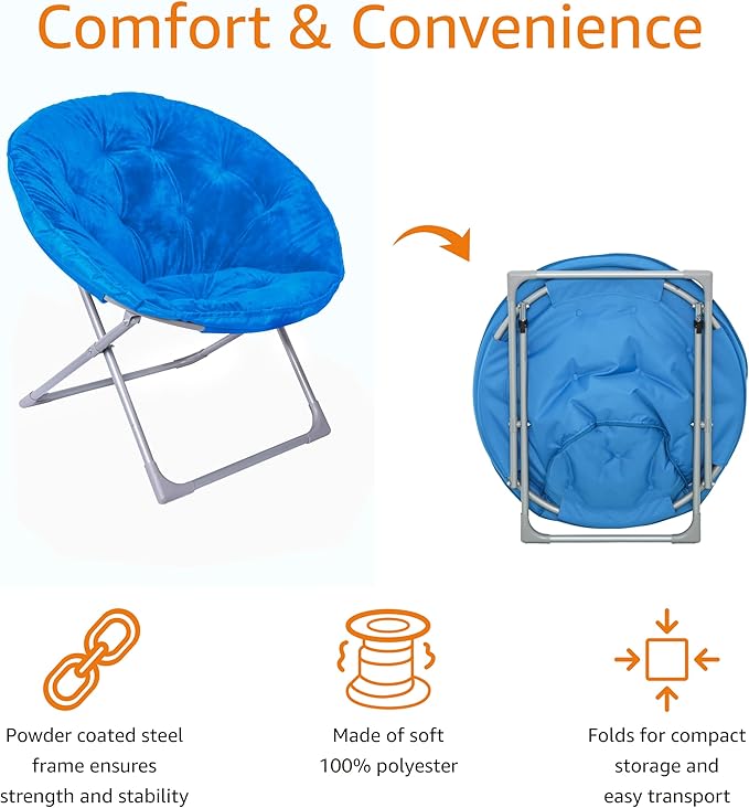 Amazon Basics Faux Fur Saucer Shaped Chair with Foldable Metal Frame, Blue, 32.3"D x 27.2"W x 32.3"H