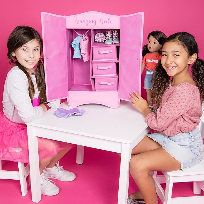 Adora Premium Quality Doll Closet, Pink Doll Wardrobe with Six Shelves, Large Drawer and Mirrored Door, Fits Most Dolls Up to 18 ", Birthday Gift for Ages 6+