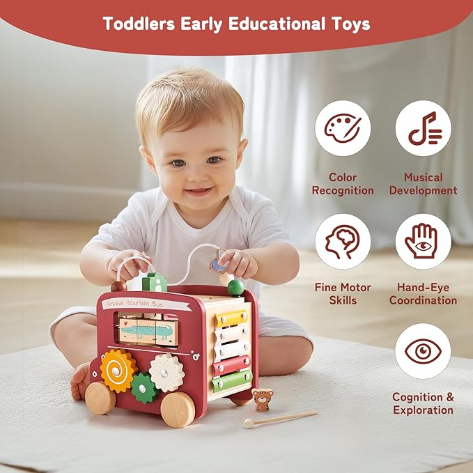 Wooden Activity Cube 8-in-1 Montessori Toys | Multifunctional Early Educational Learning Toys | Activity Cube for Baby Shape Sorter Xylophone Animal Travel Bus Toys Boy Girl Birthday Gift（Red Bus）