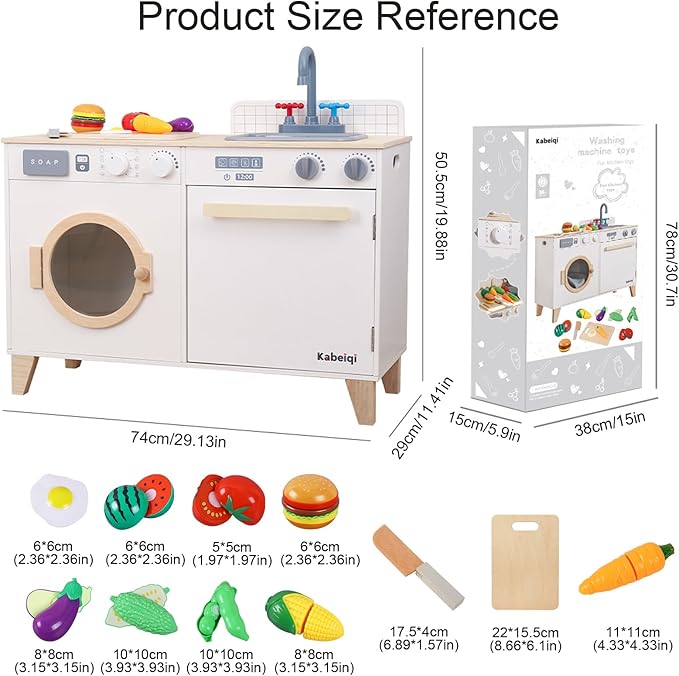 Kids Play Kitchen - Wooden Multi-Function Washing Machine for Kids Kitchen Playset - Pretend Toddlers' Kitchen Toy Washer with Accessories - Perfect Baby Gift for Ages 3-8