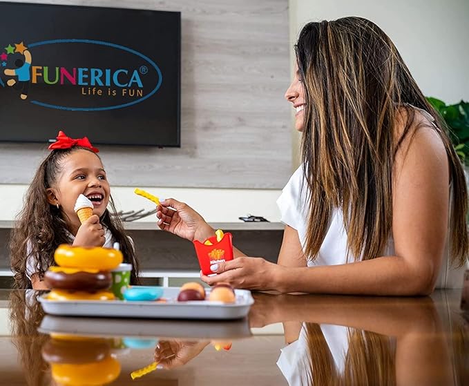 FUNERICA Pretend Play Ice Cream and Desserts Toy Food Set with Realistic Fake Donuts, Popsicles, Cupcakes, Fries, and Tray, Kids Kitchen Accessories Set, for Toddlers, Boys and Girls