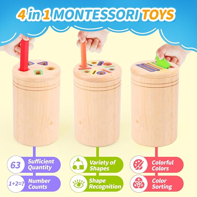 3-in-1 Montessori Wooden Toys for Toddlers 1-3 | Color Sorting & Fine Motor Skills Learning | Sensory Fidget Gifts for Boys & Girls | Educational Play for Ages 1+