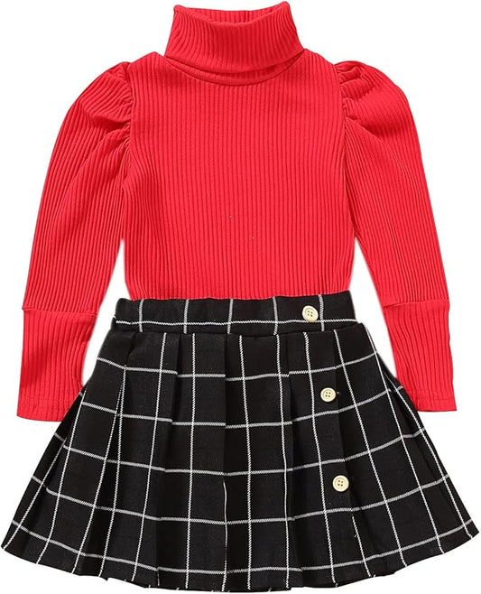 Fernvia Toddler Baby Girl Fall Winter Skirt Set Turtleneck Ribbed Long Sleeve T-Shirt Top & Plaid Skirts Dress 2Pcs Outfits