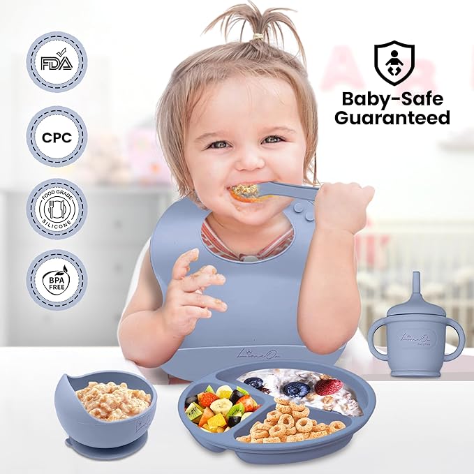 Silicone Baby Feeding Set - BPA-Free - Baby Led Weaning Supplies, Complete Kit toddler eating essentials – Empower Your Little One's Independence with LimOr's baby essentials 6-12 months (Gray)