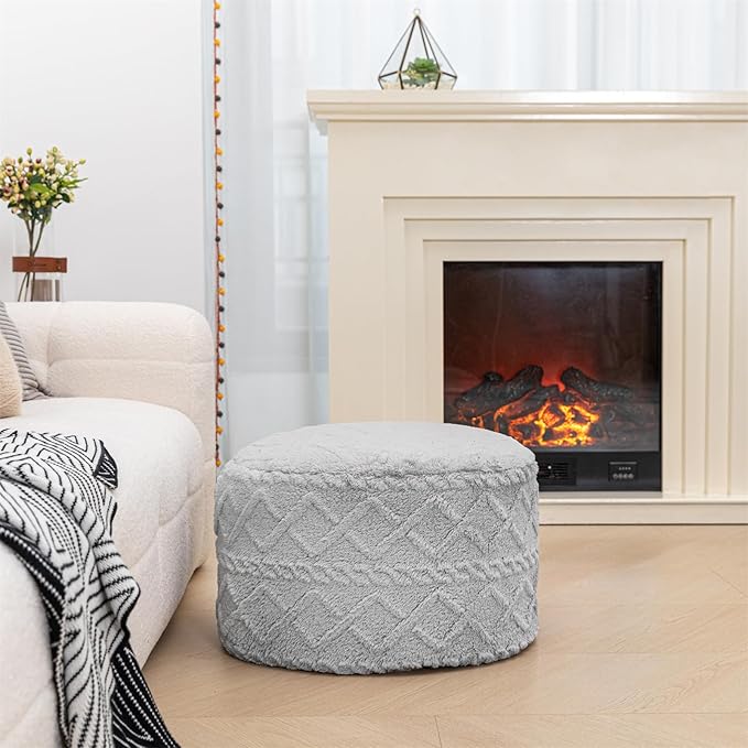 Pouf Ottoman Stuffed 20x20x12 Inches Floor Pouf Plush Fiber Ottoman Foot Rest Under Desk Foot Stool for Living Room Bedroom (Light Gray Pouf with Filler)