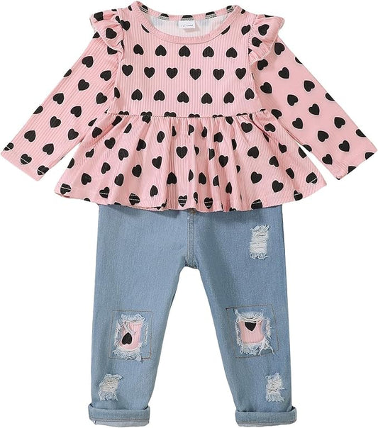 Mioglrie Toddler Baby Girl Clothes 2T 3T 4T 12 18 24 Months Toddler Fall Winter Girls Outfit Jeans Pants Clothing Set
