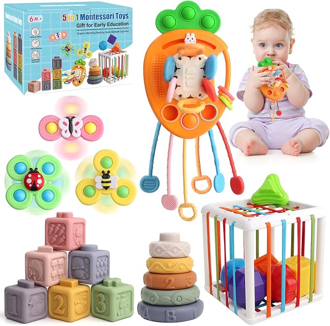 5 in 1 Montessori Baby Toy Set for Toddler Aged 6+ Month - Fine Motor Skill Learning Toys for Baby Grasp & Hand-Eye Coordination. Early STEM Gift Toy for Boys Girls 1 2 3 Years Old