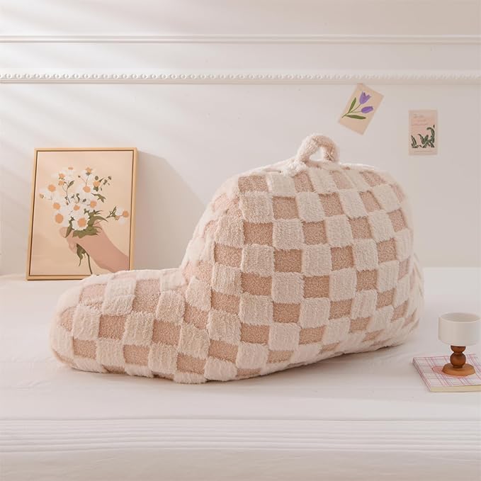 Aimuan Reading Pillow Checkered Bed Rest Wedge Backrest Checkerboard Pillow with Arms Back Support for Sitting Up in Bed Cushion Incline Rest Sleeping Snoring Pillow (Beige,Standard)