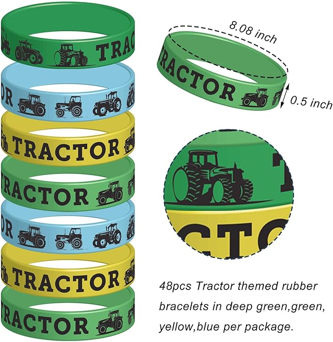 48 Pieces Tractor Party Wristbands Rubber Bracelets - Farm Green Tractor Birthday Party Favors Supplies Decorations Goodie Bag Favor Stuffer Stretchable Silicone Wristband