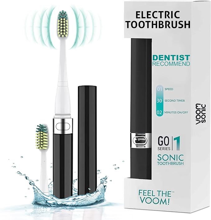 Voom Sonic Go 1 Series Travel Electric Toothbrush | Travel Toothbrushes - Battery Operated Toothbrush for Adults & Kids, Dentist Recommended Toothbrush, Portable w/ 2 Minute Timer (Black)