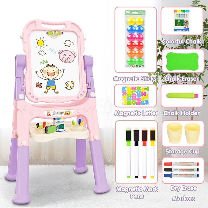 Amagoing Easel for Kids, Adjustable Standing Art Easel for Toddler, Double Magnetic Drawing Board with Painting Accessories, Birthday Christmas Gift for Little Boys and Girls, Middle Size Pink
