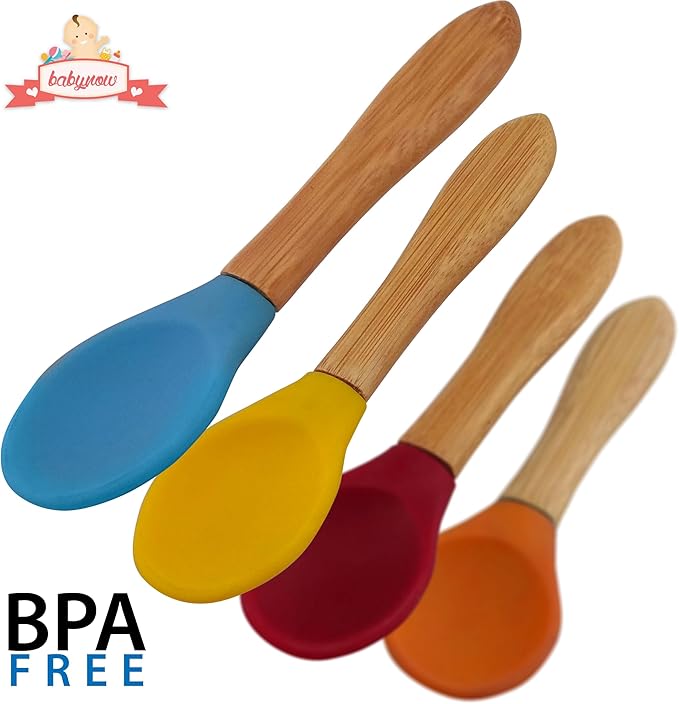 Babynow Bamboo Baby Spoons Self-Feeding Supplies for 6+ Months Babies & Toddlers in Bamboo & Soft Tip Designs BURGUNDY Pack of 2