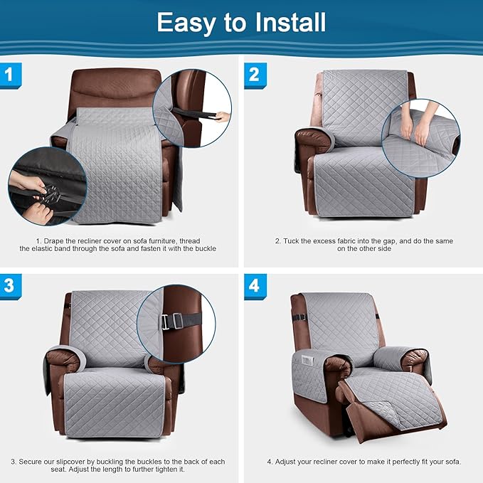 KinCam 100% Waterproof Recliner Chair Cover, Reclining Couch Covers for Pets, Dogs, Recliner Couch Slipcover Furniture Protector with Elastic Straps for Kids(23.6", Light Gray)