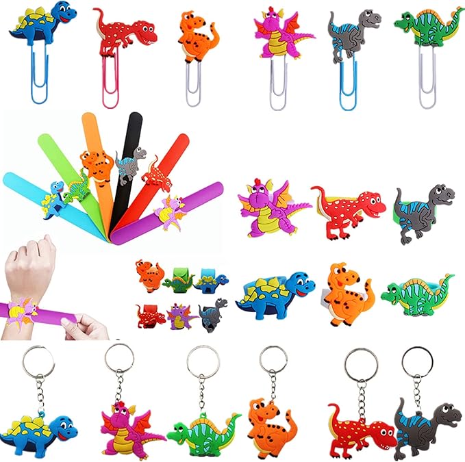 24pcs Cartonn Dragon Dinosaur Theme Slap Bracelets silicone Wristbands Keychain Ring and Bookmarks Party Favors