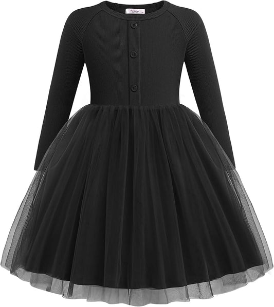 Arshiner Toddler Girls Tutu Dress Long Sleeve Fall Winter Button Front Party Tulle Dresses 2-8Y
