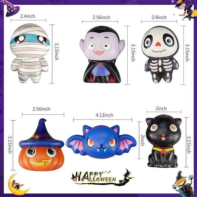 6 Packs-Halloween Squishies Toys Slow Rising, Gift Box Includes Ghost: Vampire,Pumpkin,Skull,Black Cat,Mummy,Bat, Halloween Soft Toys for Girls,Boys,Kids Party