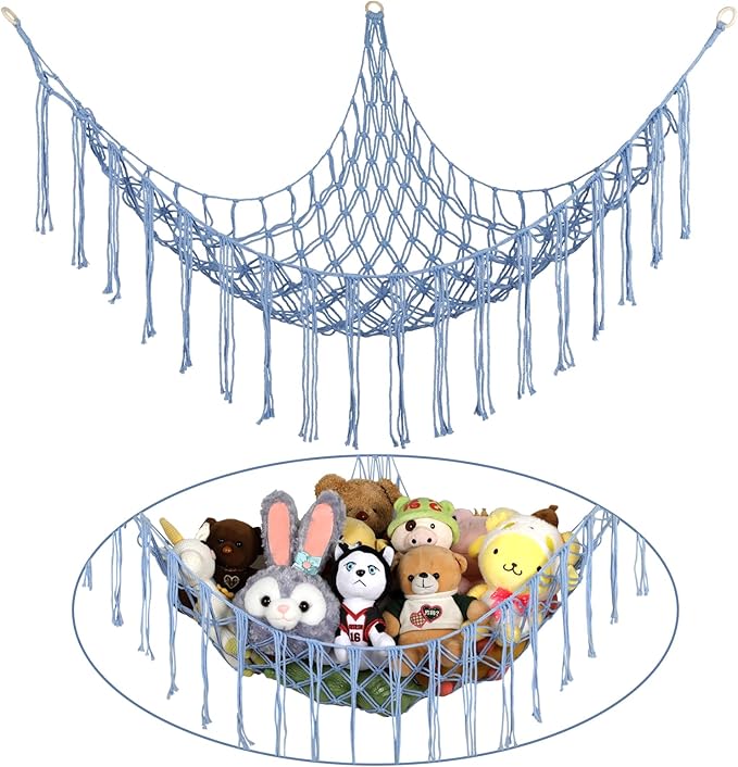 Boho Stuffed Animals Net or Hammock Large,55 inch Toy Hammock Macrame Stuff Animal Storage Corner Hanging Net Holder,Mesh Hammock Plush Toy Organizer with Hooks for Bedroom,Nursery (Baby Blue)