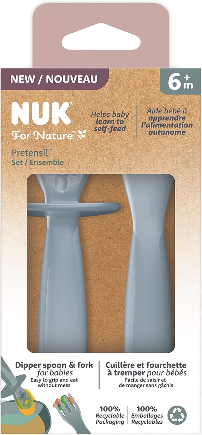 NUK for Nature Pretensil Dipper Spoon and Fork Set, Easy to Grip for Self-Feeding Development, Mess-Free Feeding, Top Rack Dishwasher-Safe, BPA & Latex-Free