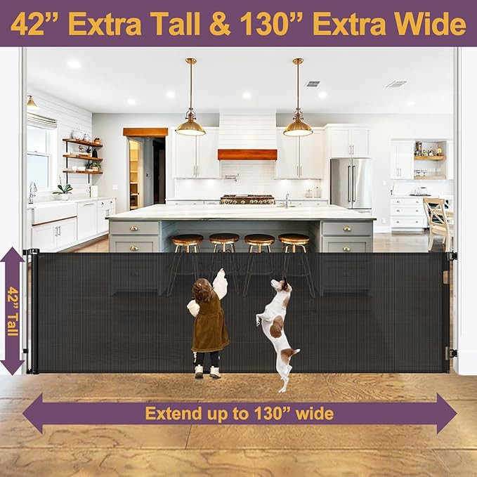 42" Tall X 130" Extra Wide Retractable Baby Gates for Large Openings Extra Tall Dog Gates for Doorways Extra Tall Pet Gate Indoor Outdoor Long Baby Gate Retractable Child Gate Tall Mesh Gate, Black