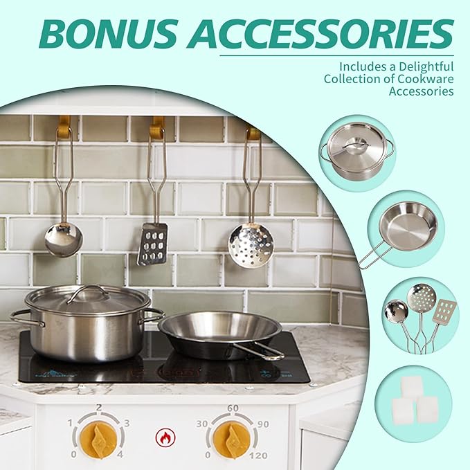 Kids Corner Play Kitchen Set, Wooden Pretend Play Kitchen with Metal Utensils Accessories, Fridge, Sink, Burner, Laundry Playset, Microwave Oven, Cake Turntable, Gifts for Ages 3-8