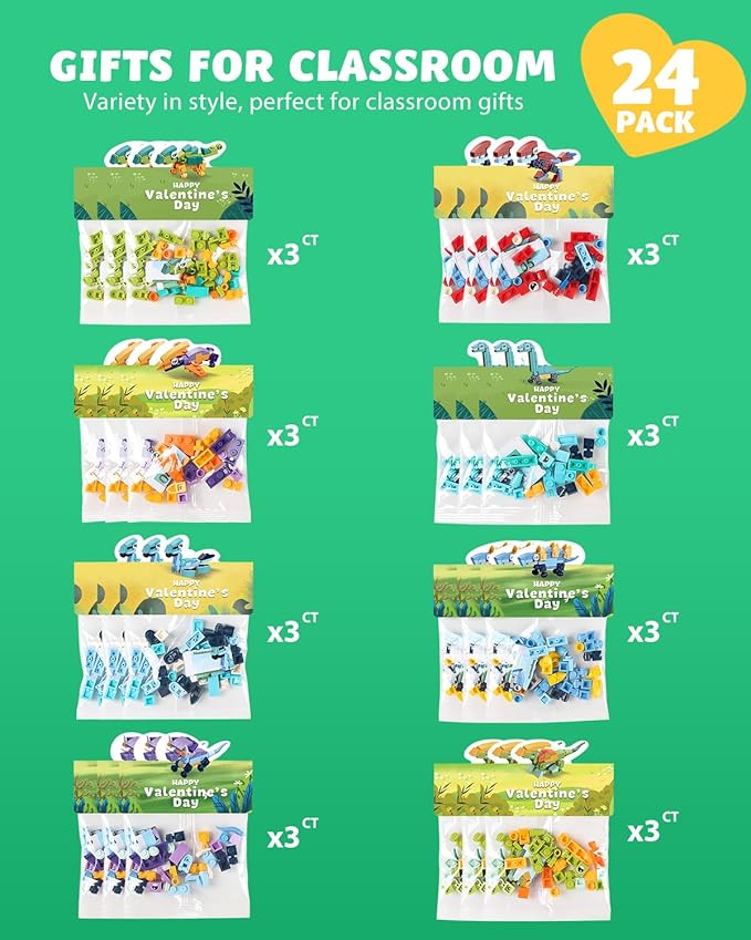 24 Pack Prefilled Dinosaur Valentines Building Blocks Set for Kids, Classroom & School Exchange Gifts with Valentine's Day Cards, Ideal Party Toy for Boys & Girls