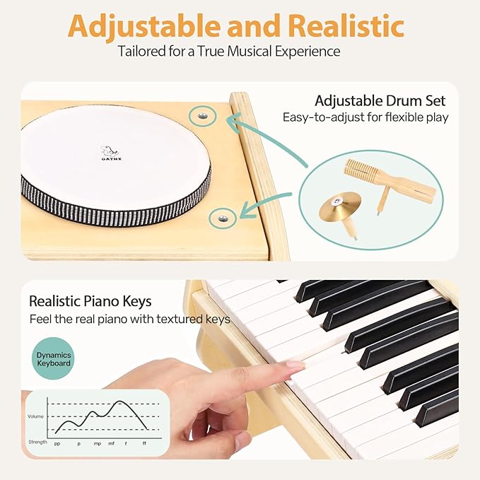 OATHX Kids Piano Keyboard, 25 Keys Digital with Drum Set and Volume Adjustable, 6 in 1 Musical Instruments for Kids Toddlers Baby Children, Wooden Mini Piano Gifts for Girls Boys Ages 3+
