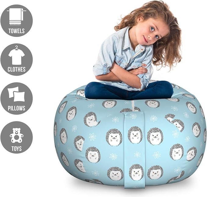 Ambesonne Hedgehog Storage Toy Bag Chair, Watercolor Artwork Smiling Happy Characters with White Daisies on Blue, Stuffed Animal Organizer Washable Bag, Large Size, Blue Grey