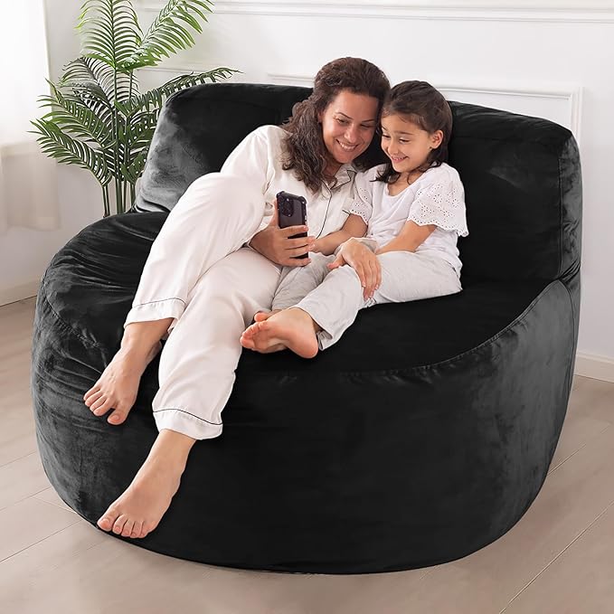 WhatsBedding 5FT Bean Bag Chair for Adults,Kids & Teenagers Bean Bags Giant with Memory Foam Filled,Beanbag Chairs Large Sofa with Dutch Velvet Cover(Black,Large,Back Support)