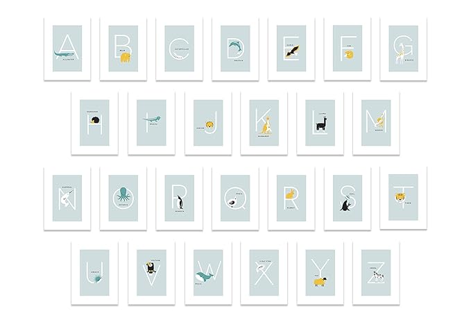 Alphabet Cards for Classroom - Alphabet Cards for Classroom, Nursery and Bedroom - Learning Flash Cards for Toddlers Set of 26 5"x7" Letter Prints (Blue)